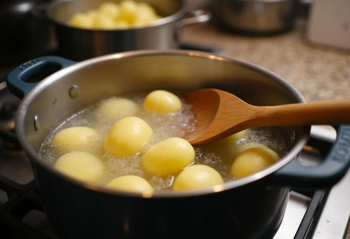 Batatas cozinhando prontas para serem amassadas para a receita de massa de bacalhau.