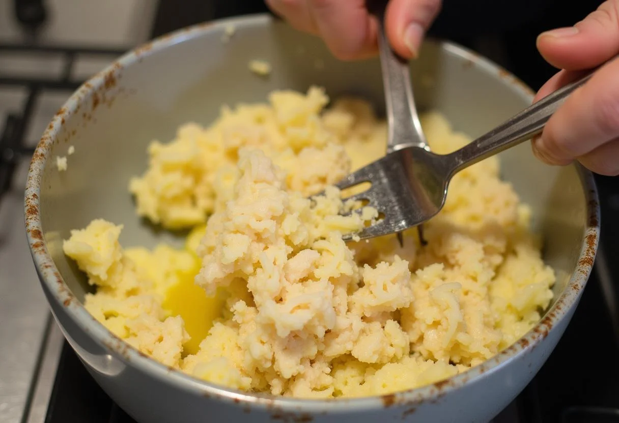 Combinando purê de batatas com bacalhau desfiado para preparar massa de bacalhau.