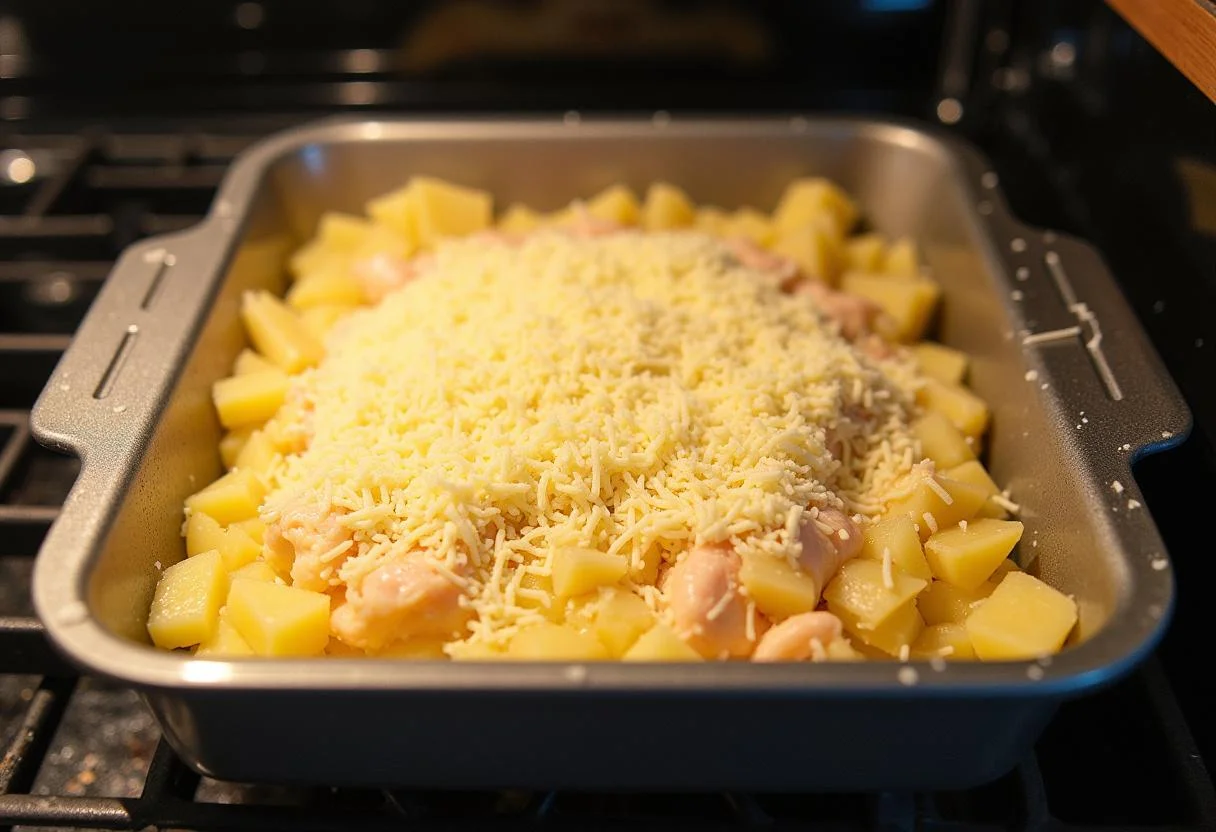Travessa preparada com mistura de massa de bacalhau antes de assar no forno.