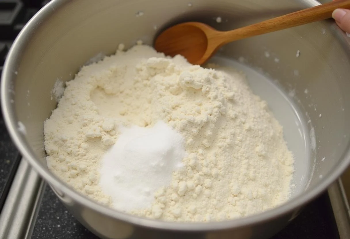 Massa para rissois sendo preparada com farinha, sal e água para uma textura crocante.