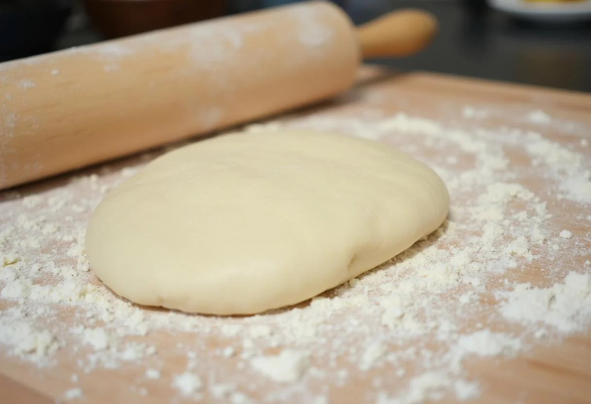 Sovando massa para rissois em uma bancada para preparar cascas de pastelaria crocantes.