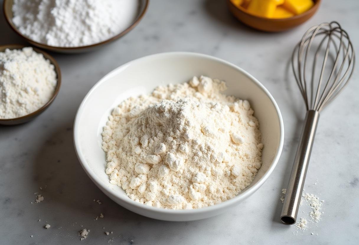 Ingredientes para massa sem glúten em uma tigela, preparados para receita de massa sem glúten.