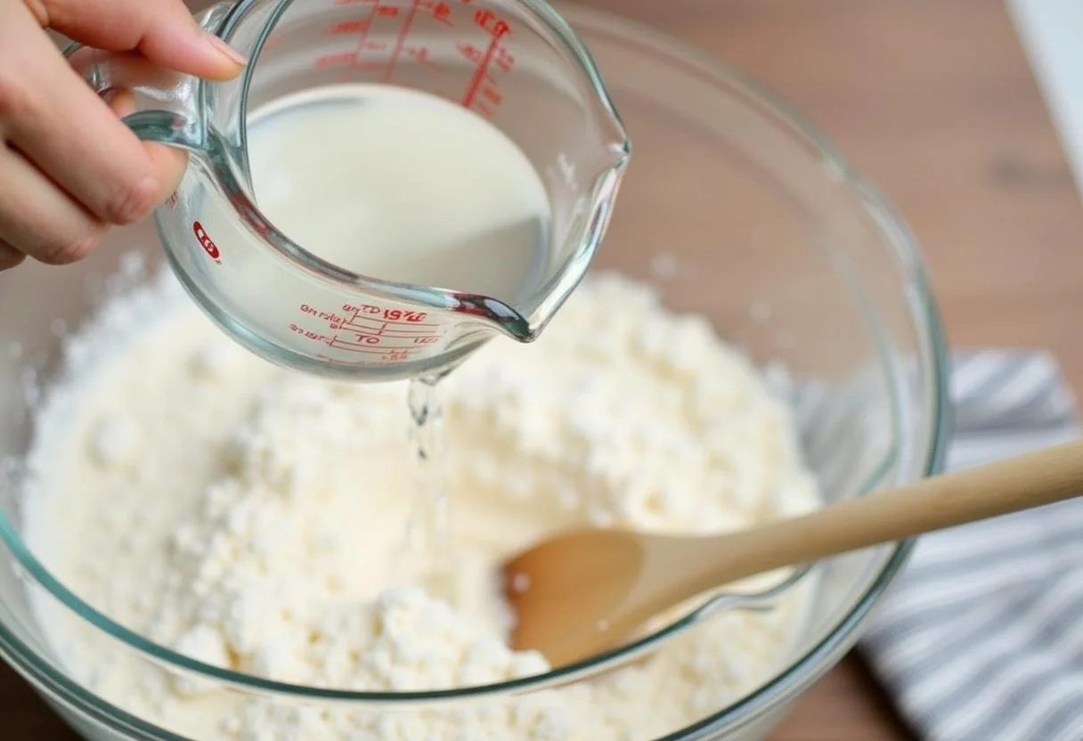 Água sendo adicionada à farinha sem glúten para receita de massa sem glúten.