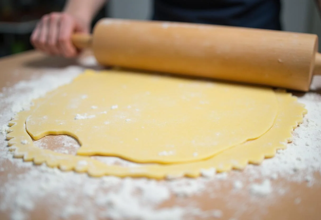 Massa sem glúten sendo esticada para criar uma massa perfeita para a receita.