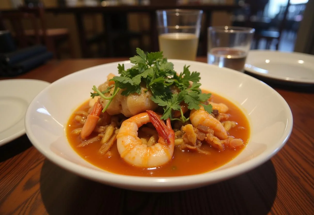 Deliciosa massada de marisco servida numa tigela, perfeita para uma refeição saborosa de frutos do mar.