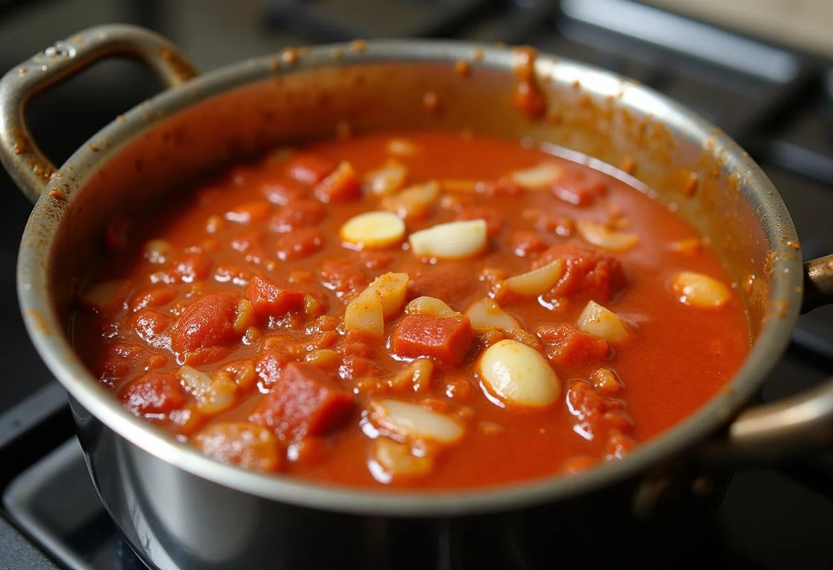 Molho à base de tomate a ferver para massada de marisco numa panela grande.