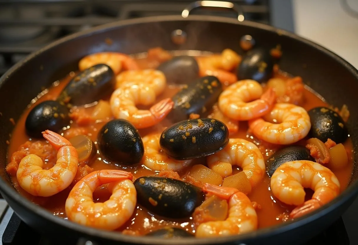 Adicionando marisco ao molho a ferver para massada de marisco, criando uma mistura deliciosa.