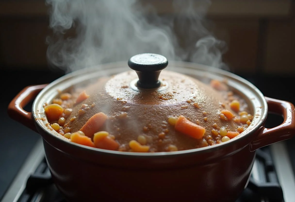 Tampa colocada na panela para massada de marisco cozinhar, permitindo que os sabores se desenvolvam.