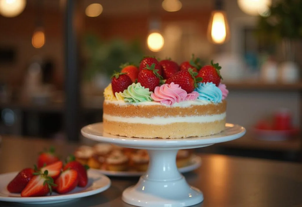 Bolo finalizado das melhores receitas de bolos, decorado com cobertura colorida e frutas frescas.