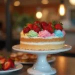Bolo finalizado das melhores receitas de bolos, decorado com cobertura colorida e frutas frescas.