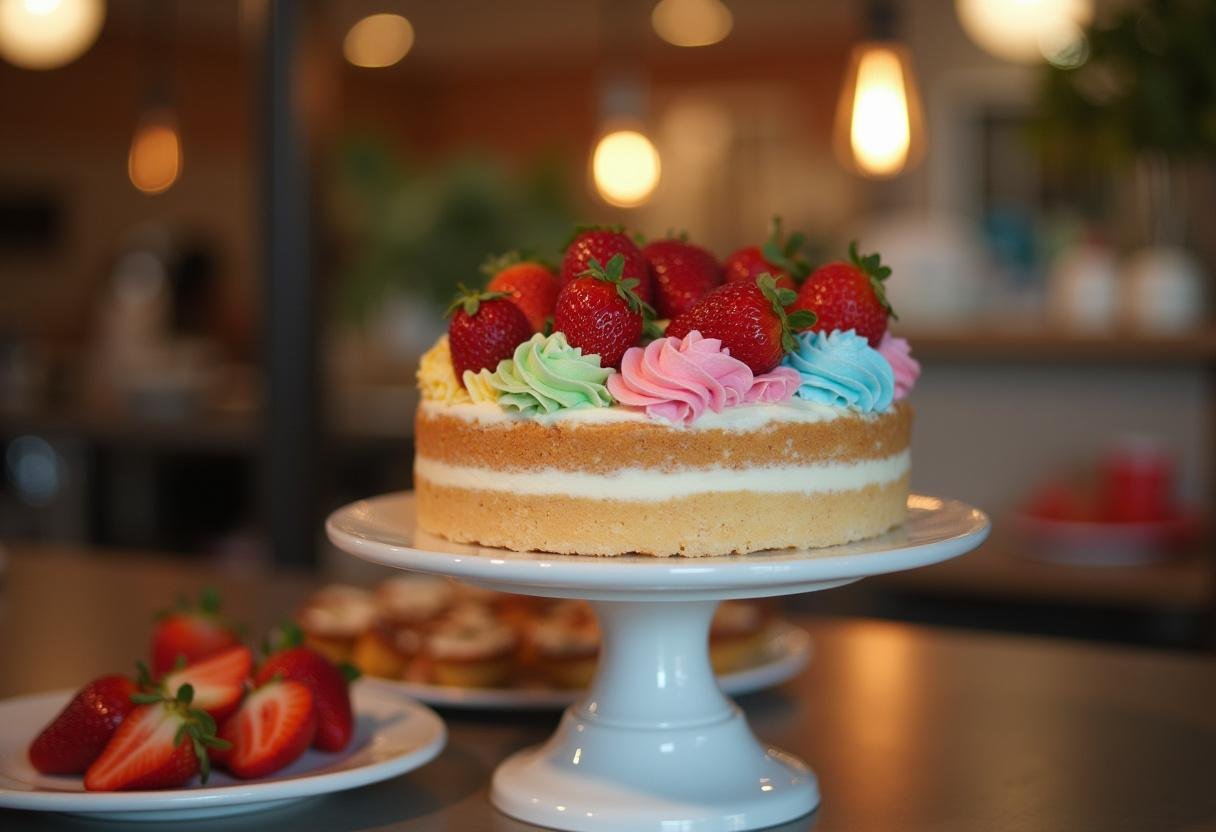 Bolo finalizado das melhores receitas de bolos, decorado com cobertura colorida e frutas frescas.
