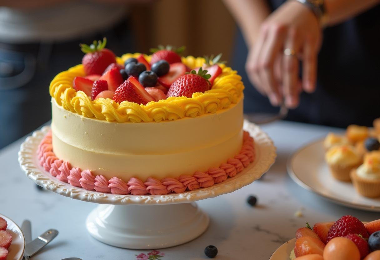 Bolo finalizado das melhores receitas de bolos, decorado com cobertura colorida e frutas frescas.