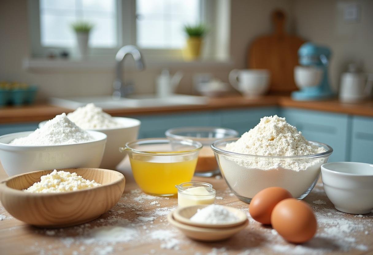 Ingredientes dispostos para as melhores receitas de bolos na bancada da cozinha.