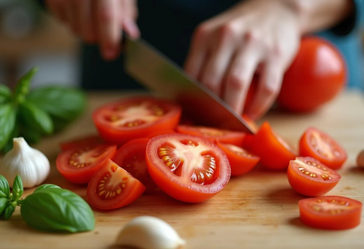 Fresh tomatoes being chopped for homemade molho para massas.