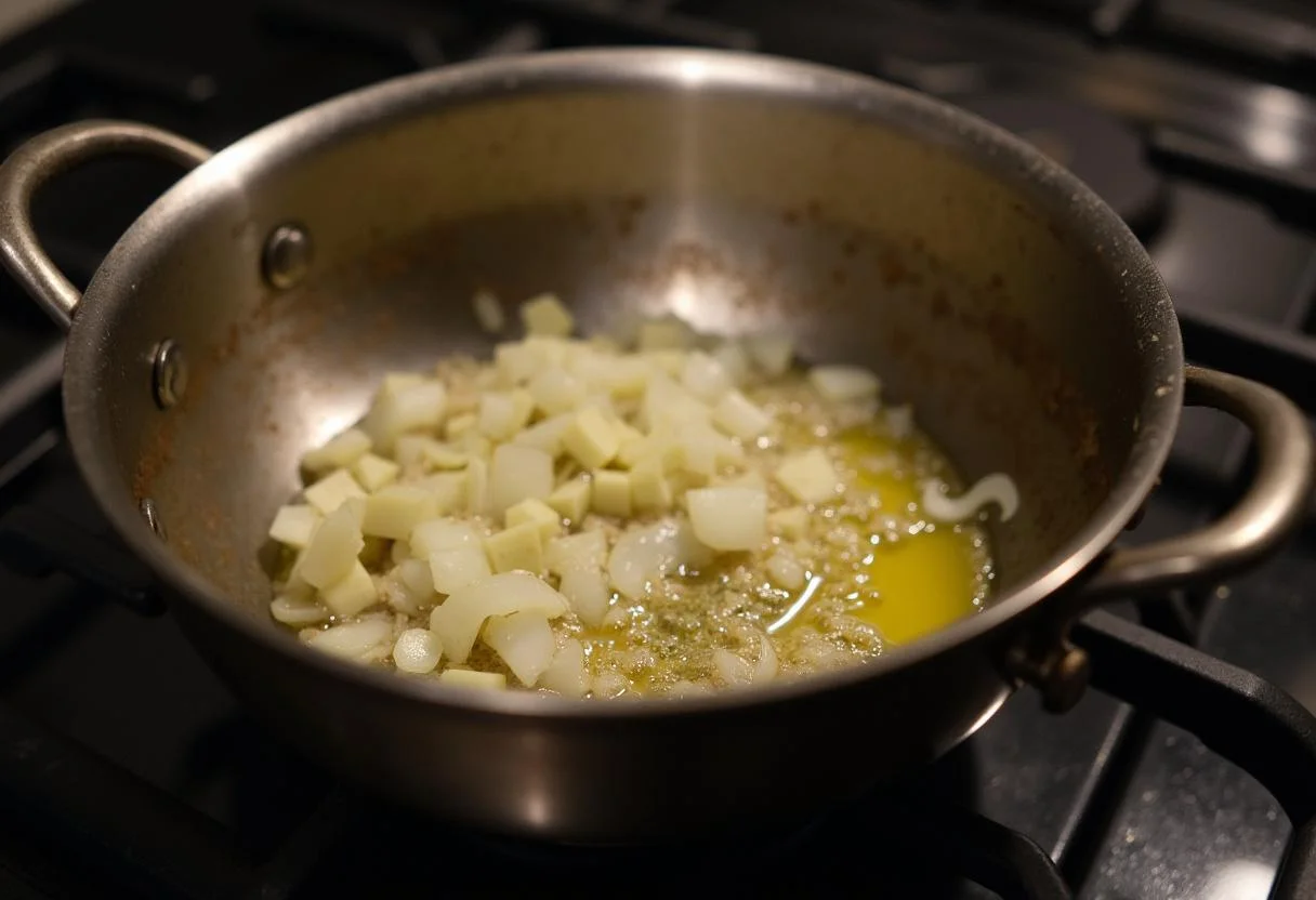 Sautéing onions and garlic in olive oil for molho de massa caseiro.