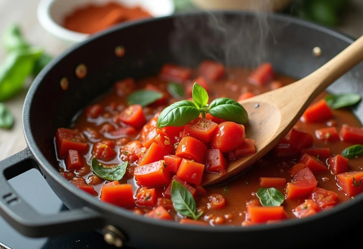 Mixing tomatoes and basil in a saucepan for homemade molho para massa.
