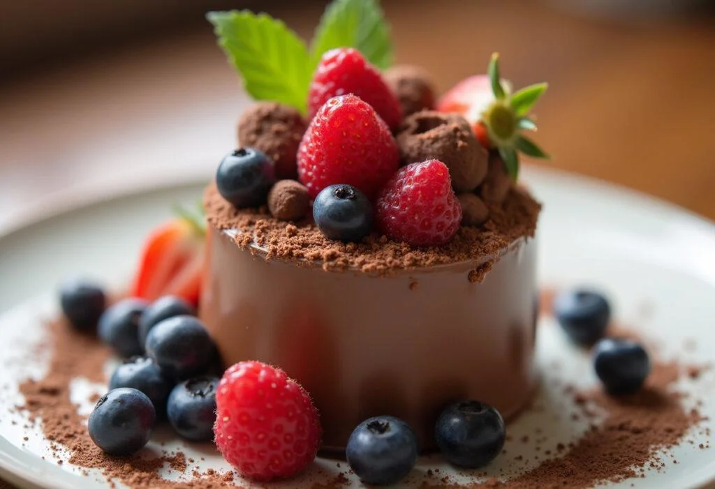 Mousse de chocolate intenso finalizada com raspas de chocolate e frutas, perfeita para sobremesa.