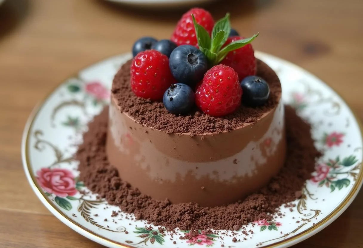 Mousse de chocolate intenso finalizada com raspas de chocolate e frutas, perfeita para sobremesa.
