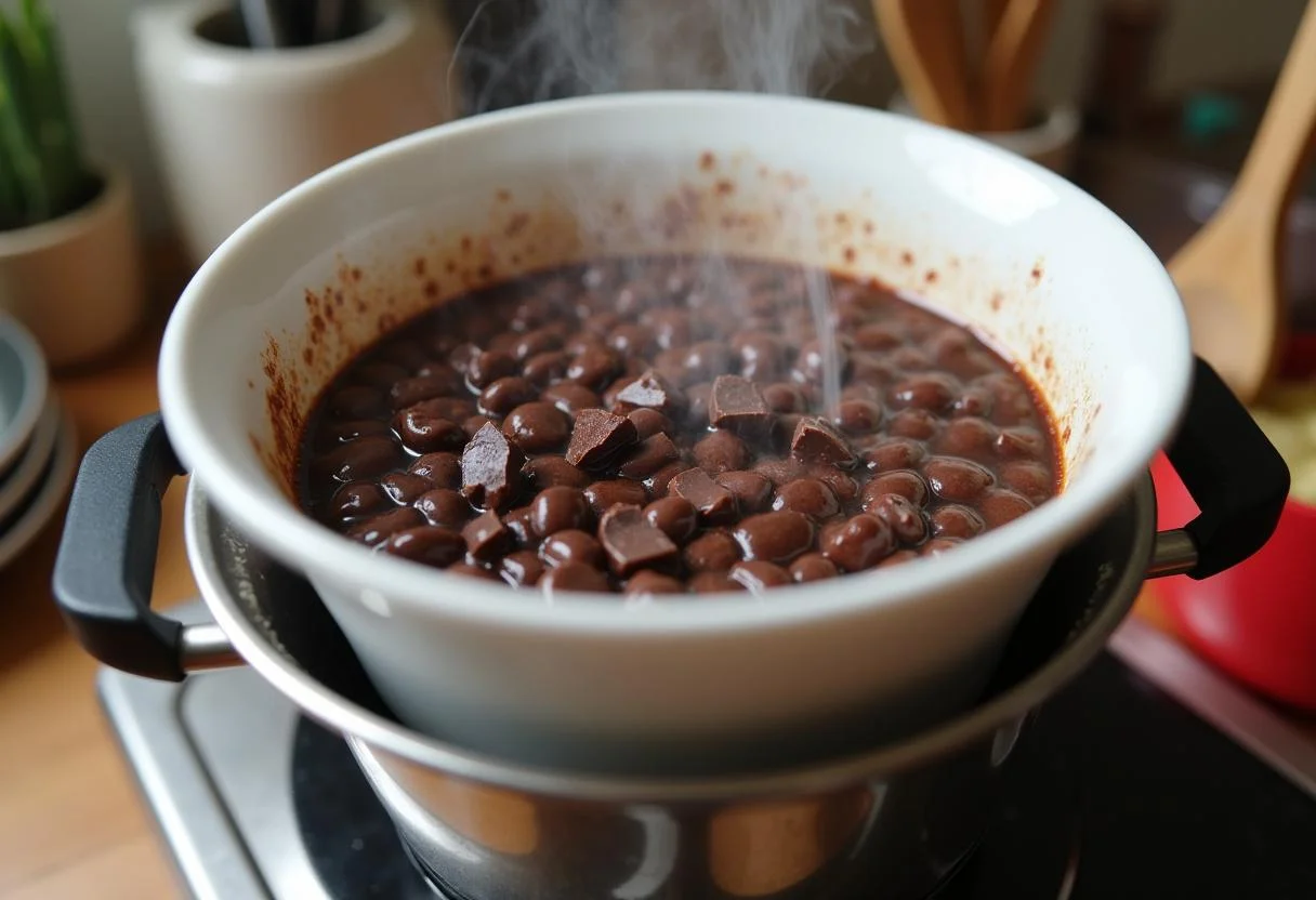 Derretendo chocolate escuro para fazer mousse de chocolate intenso.