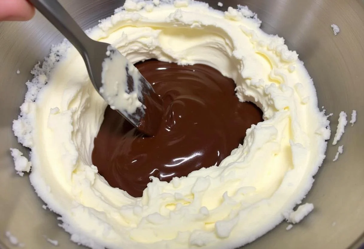 Misturando chocolate derretido ao creme de leite para receita de mousse de chocolate.