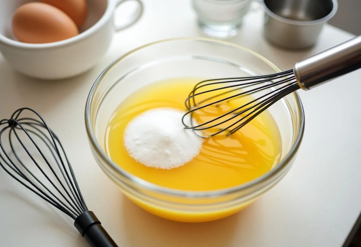 Mistura de gemas e açúcar para receita de natas do céu tradicional.