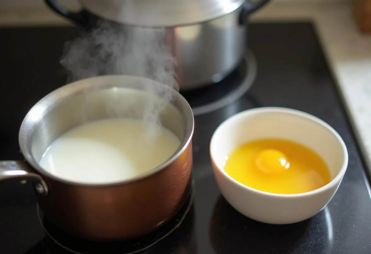 Aquecendo leite para a preparação da receita de natas do céu.