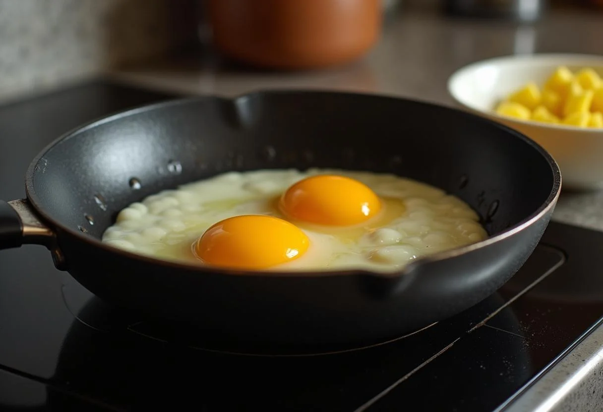 Frigideira e ovos batidos preparados para fazer ovo mexido calorias.