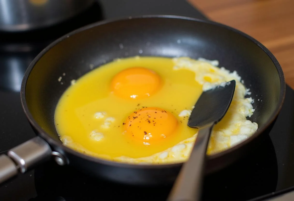 Cozinhando ovos batidos na frigideira para ovo mexido calorias.