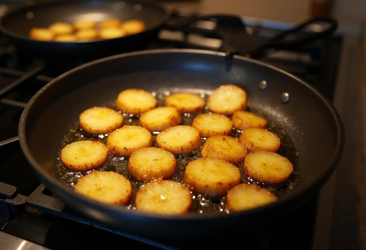 Frying golden brown potatoes in a pan for ovos rotos receita.