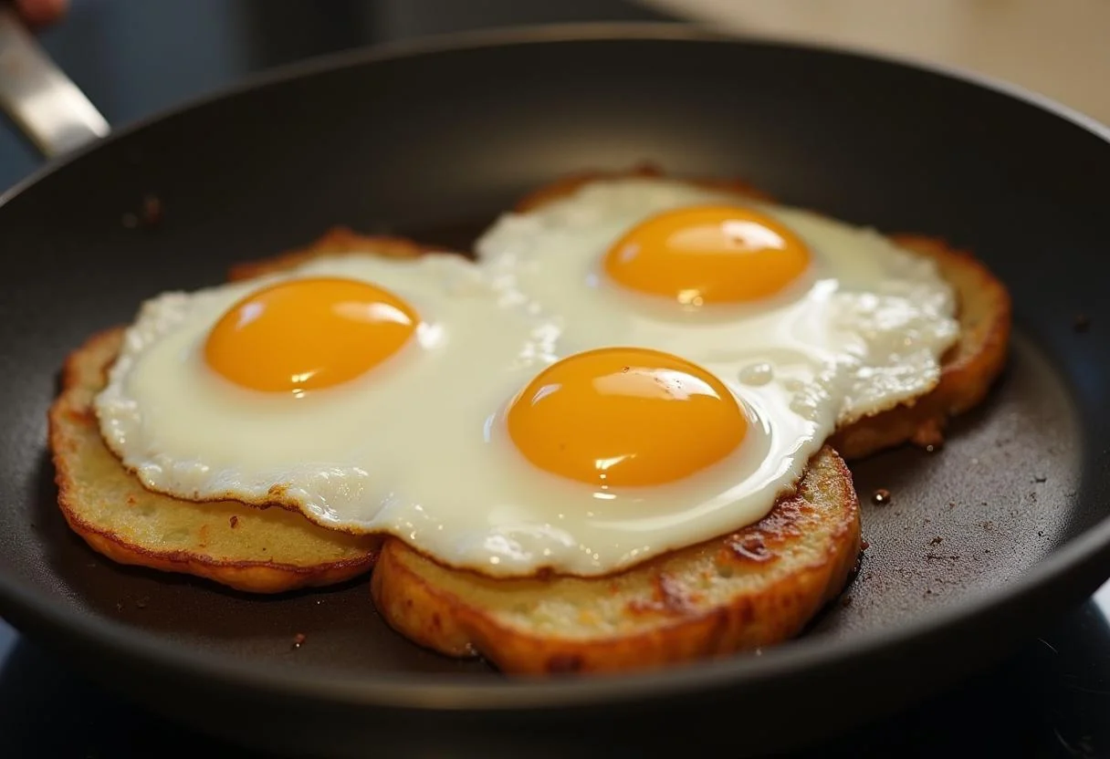 Cooking sunny-side-up eggs on crispy potatoes for receita ovos rotos.