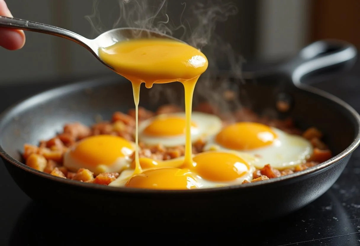 Melted cheese being drizzled over ovos rotos, making it creamy and delicious.