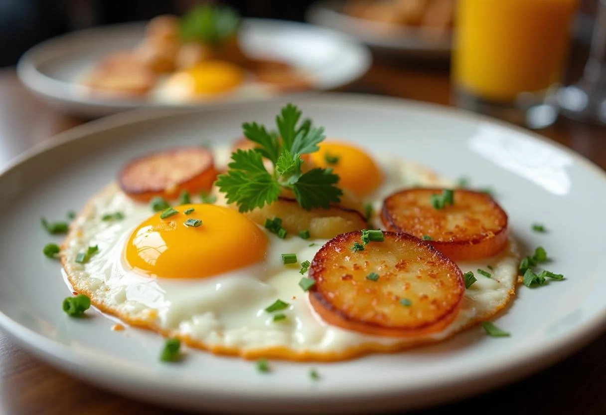 Plating the delicious ovos rotos dish with potatoes and eggs.