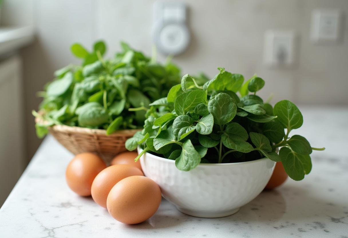 Ingredientes para Ovos Verdes Simples, incluindo ervas frescas e ovos.