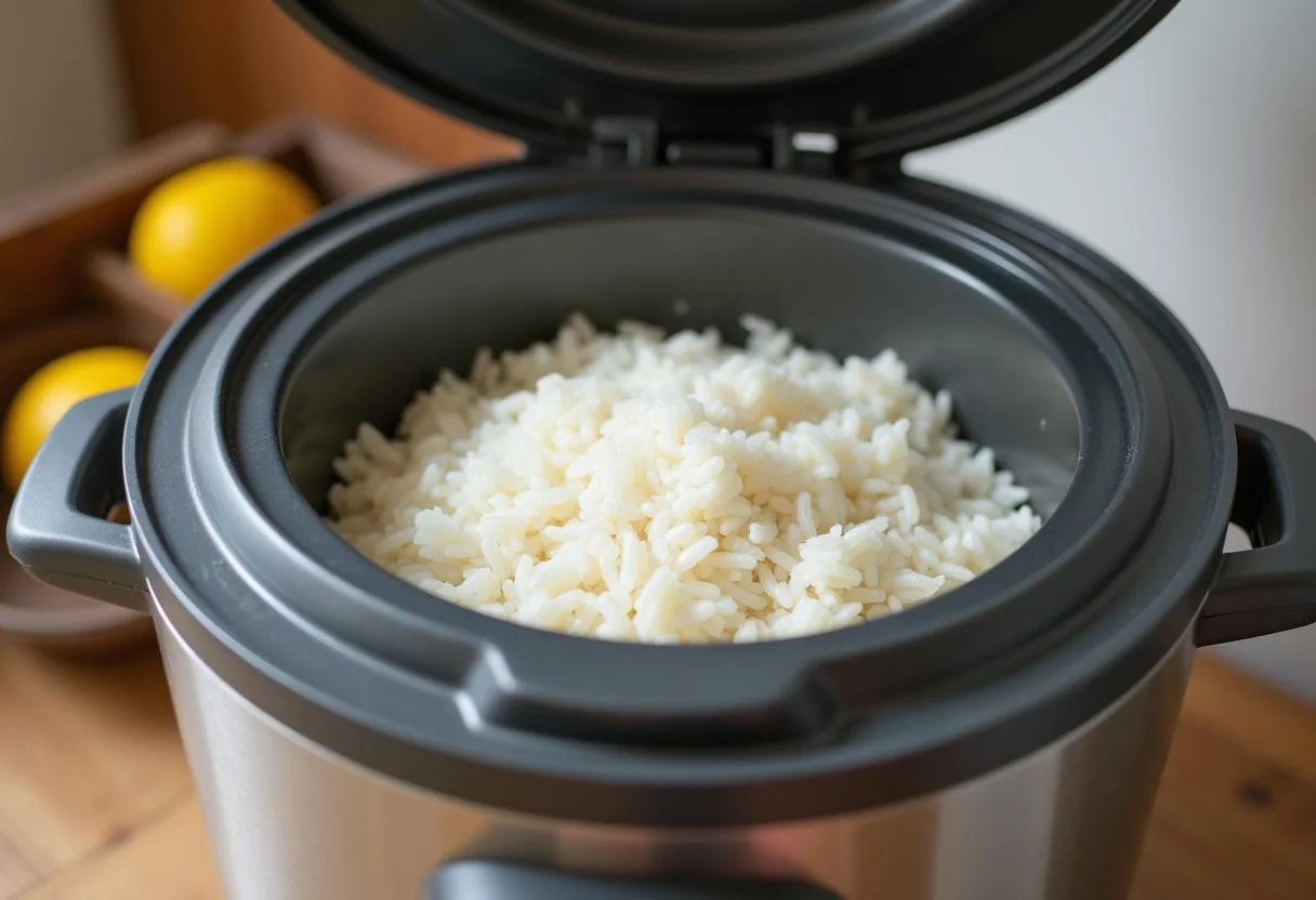 Bowl of rinsed white rice inside an electric rice cooker for panela de arroz eletrica.