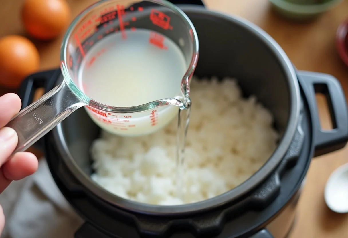 Water being added to the rice cooker for cooking rice in a panela de arroz eletrica.