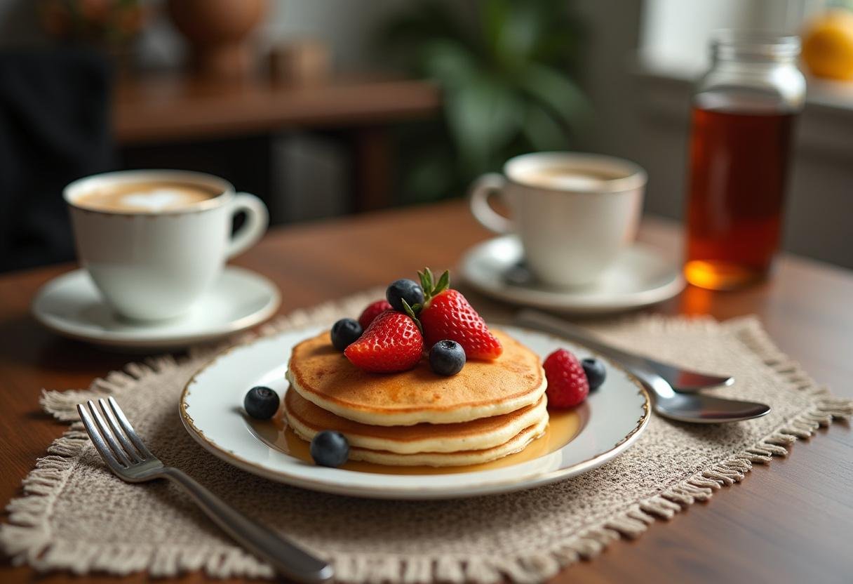 A delightful breakfast arrangement with panquecas de aveia e banana and coffee.