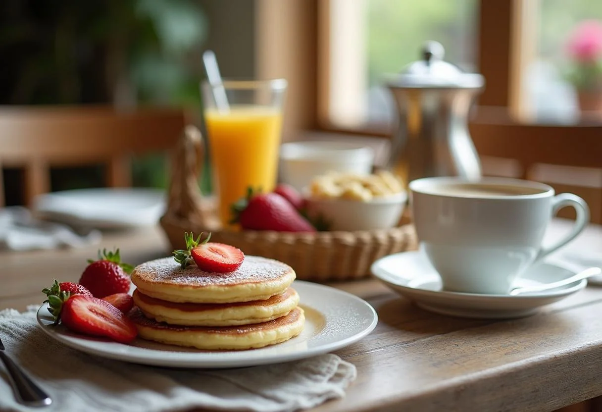 A delightful breakfast arrangement with panquecas de aveia e banana and coffee.