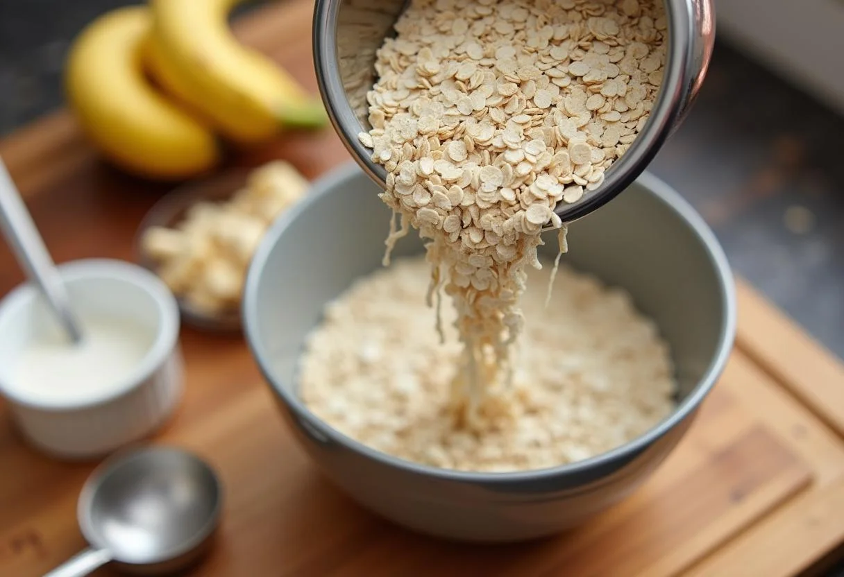 Rolled oats being prepared for panquecas de aveia e banana receita.
