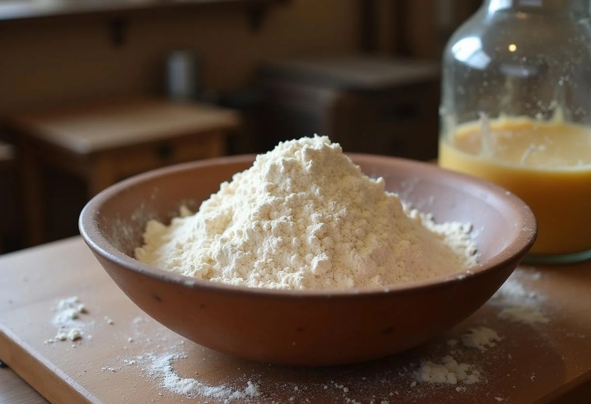 Ingredientes para Pão Alentejano, incluindo farinha, sal e fermento numa mesa de madeira.
