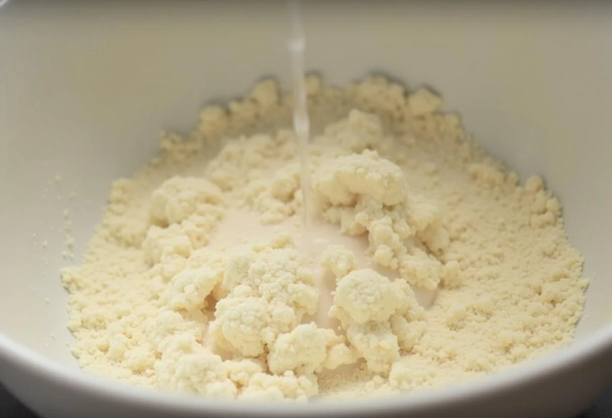 A misturar água com farinha e fermento para a preparação tradicional da massa de Pão Alentejano.