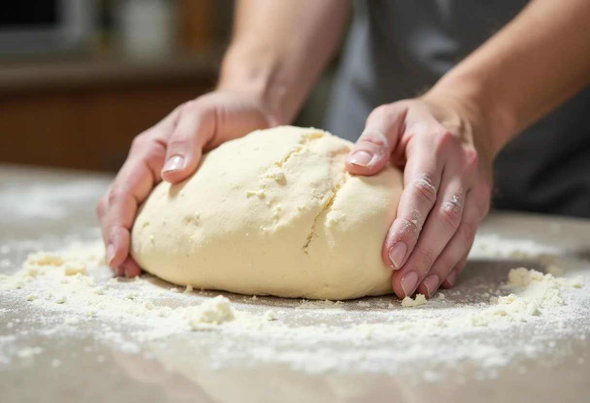 A amassar a massa para Pão Alentejano para desenvolver a estrutura do glúten.