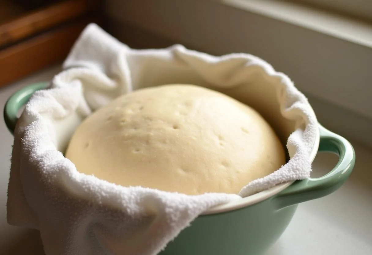 Massa para Pão Alentejano a descansar e a levedar numa tigela coberta com uma toalha.