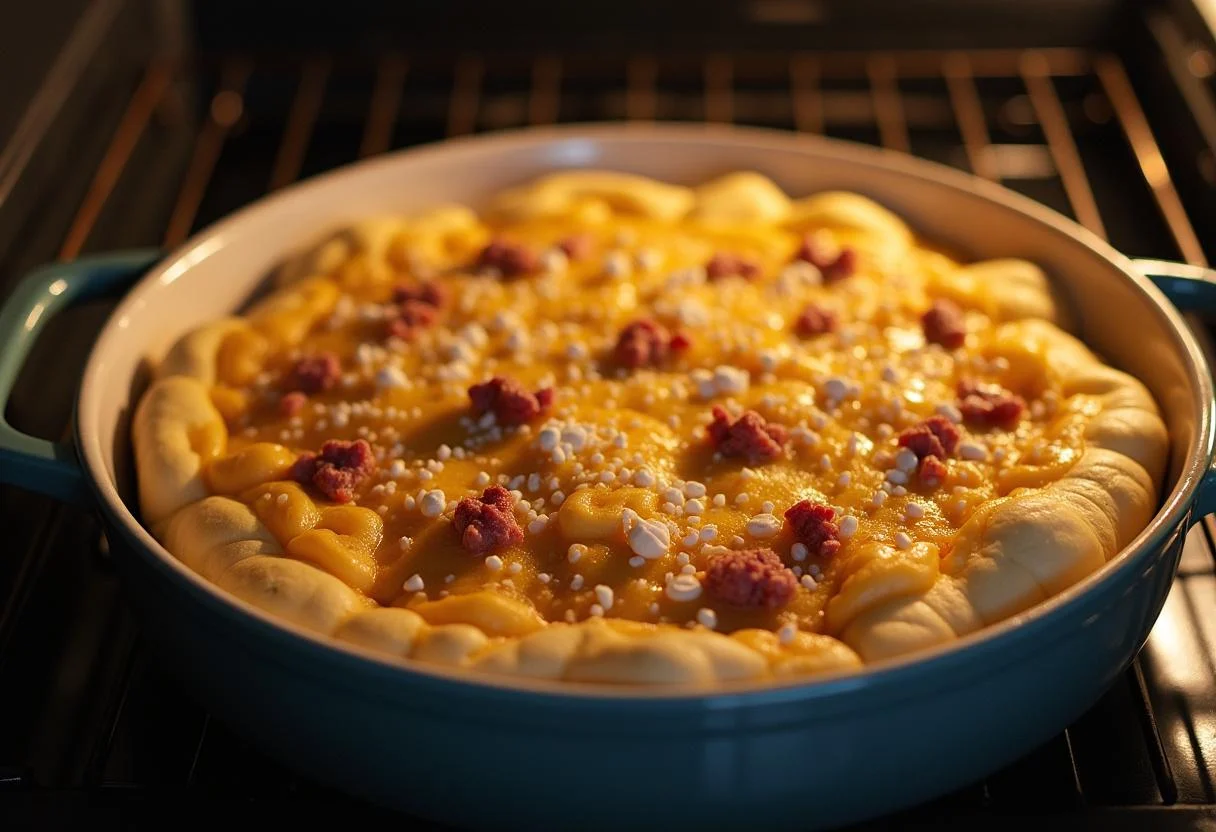 Assembled pão recheado in a baking dish ready for the oven, showcasing a gourmet touch.