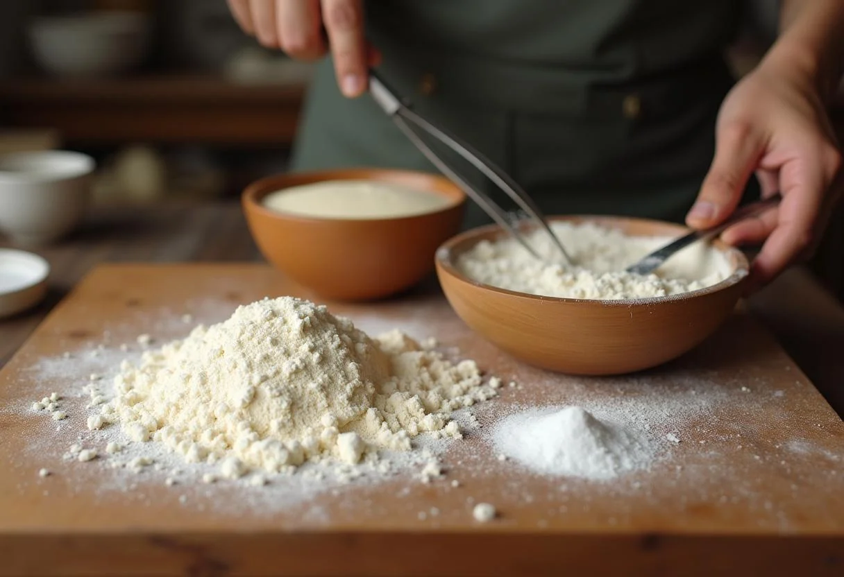 Ingredients for pão saloio including flour, salt, and yeast mixture in a rustic kitchen.