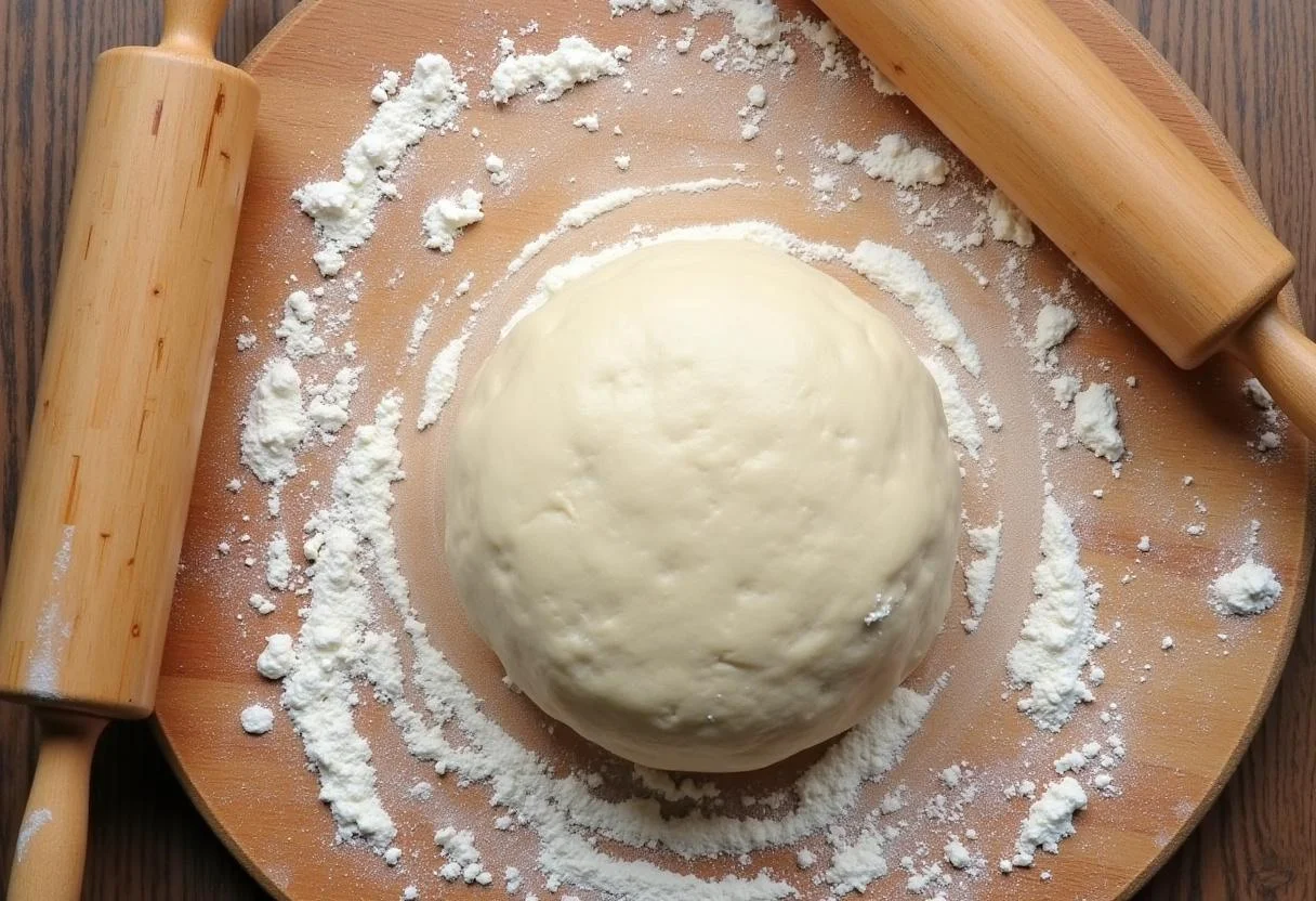 Kneading dough for pão saloio on a wooden board, showcasing traditional Portuguese baking.