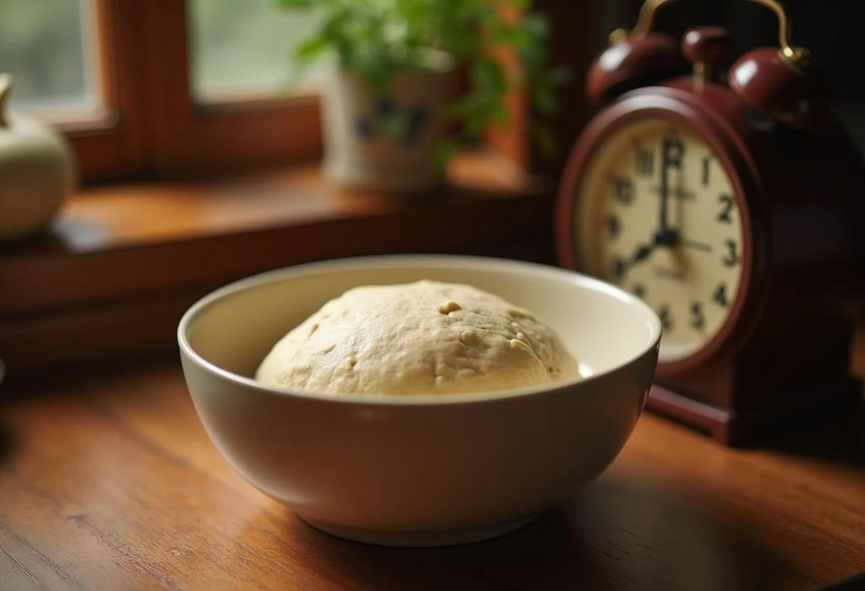 Dough rising for pão saloio in a covered bowl, highlighting the fermentation process.