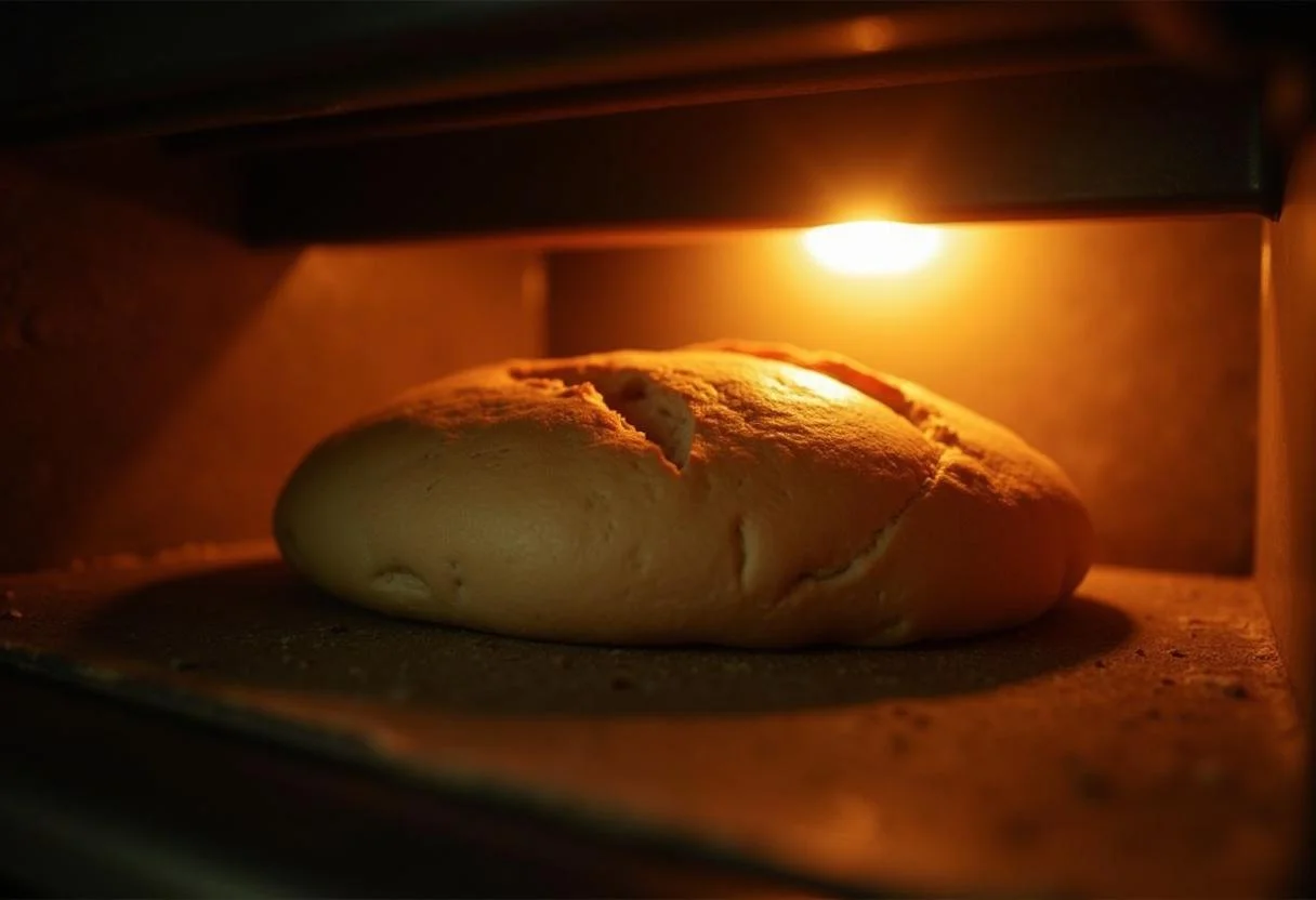Shaped pão saloio loaf being placed in the oven for baking, indicating traditional cooking methods.