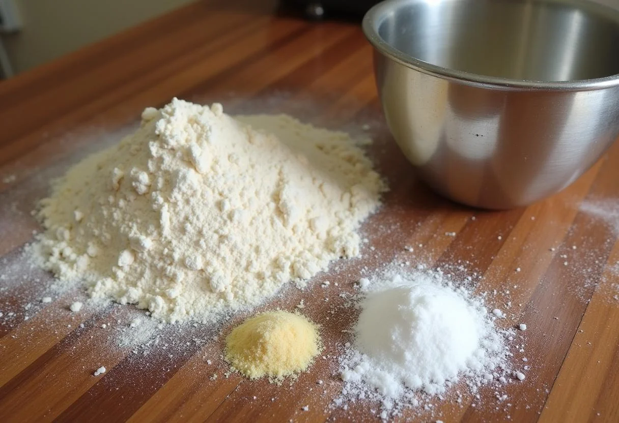 Ingredients for pão da avó caseiro ready on a wooden table for traditional bread making.