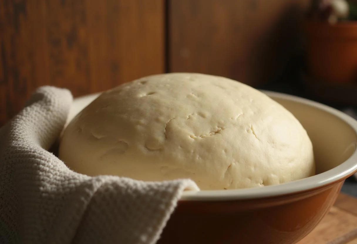 Dough rising for pão da avó caseiro in a warm kitchen, ready for baking.