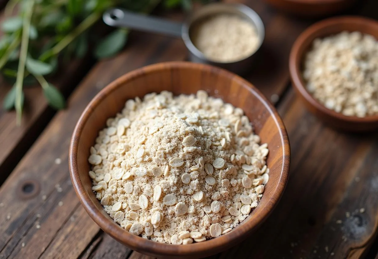 Ingredientes para fazer pão de aveia, com farinha de trigo integral e aveia em uma tigela.